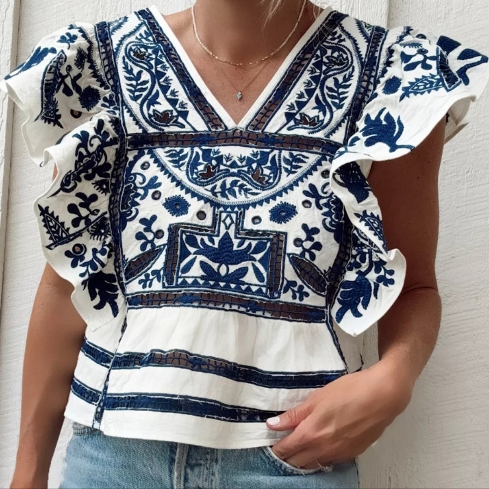 Anthropologie Blue and White Flutter Sleeve Blouse - Picture 2 of 12